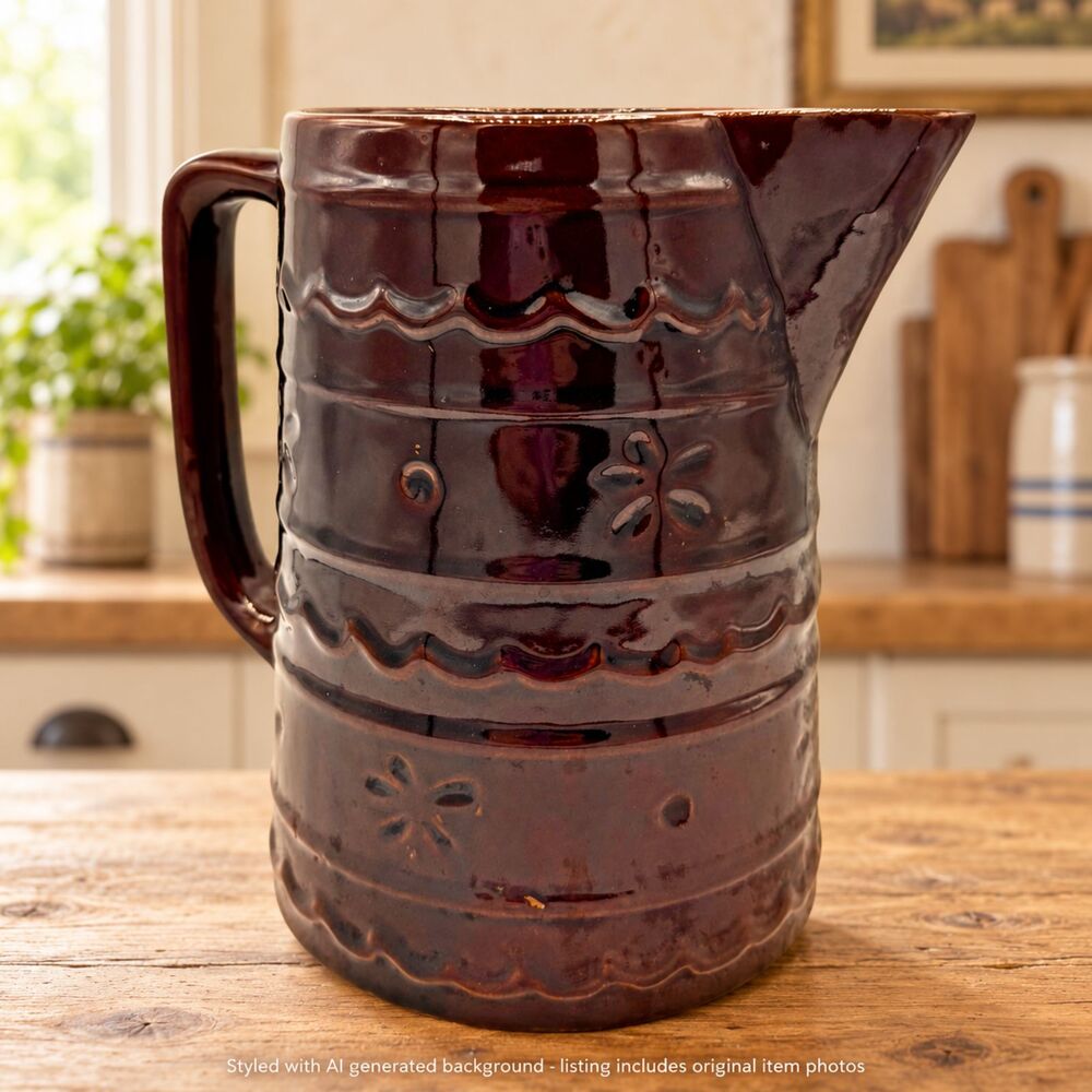 Vintage Marcrest Pitcher Daisy Dot Pattern Brown Glaze Stoneware Dining Kitchen